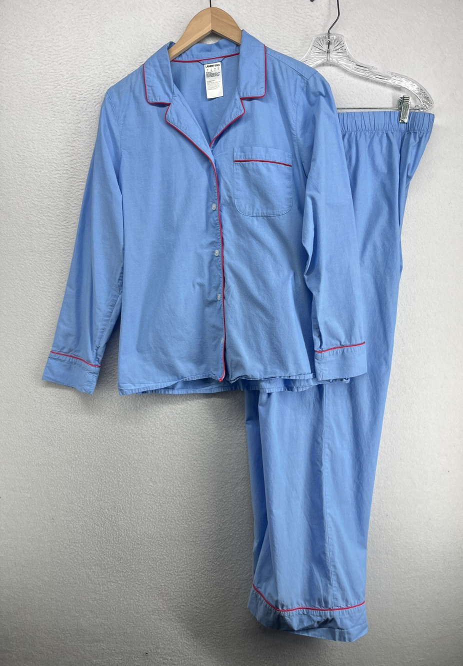 LANDS END Pajama Set Womens M Cotton Poplin 2 Piece PJ Top & Pants Lounge Blue